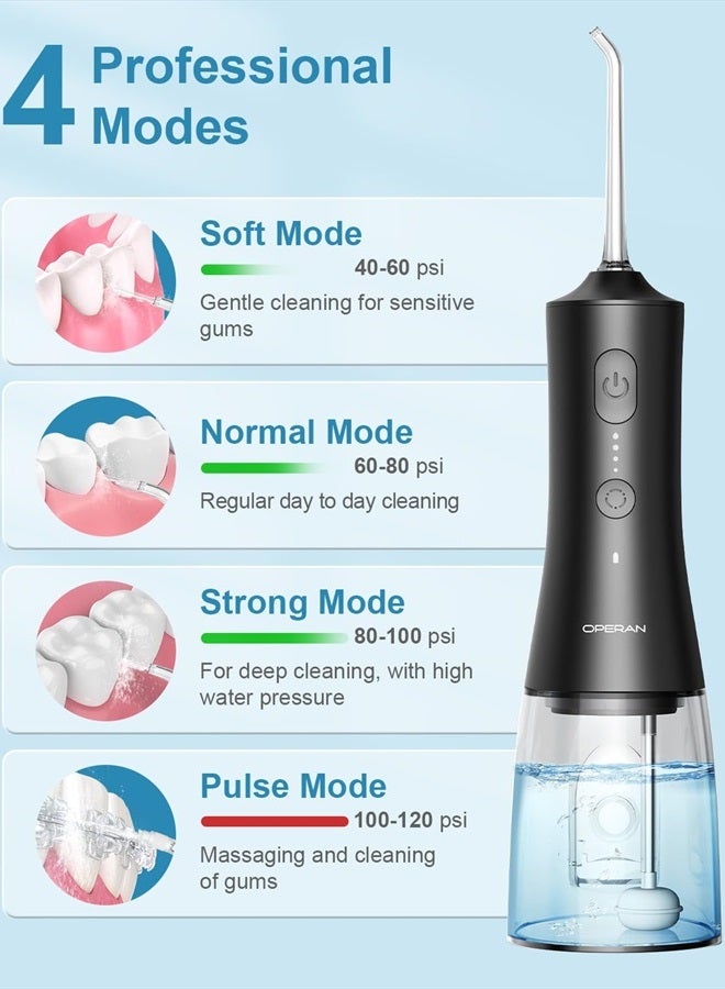 Water Dental Flossers for Teeth Cleaning Upgraded 300ml Cordless Water Pick Portable Rechargeable Oral Irrigator with 4 Modes 4 Jet Tips IPX7 Waterproof Dental Floss for Home Travel (Black)