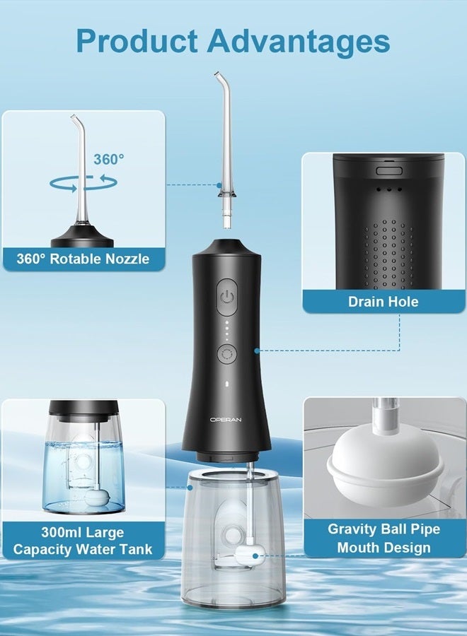 Water Dental Flossers for Teeth Cleaning Upgraded 300ml Cordless Water Pick Portable Rechargeable Oral Irrigator with 4 Modes 4 Jet Tips IPX7 Waterproof Dental Floss for Home Travel (Black)
