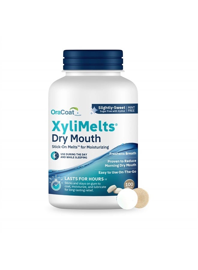 OraCoat XyliMelts Dry Mouth Relief Oral Adhering Discs, Slightly Sweet with Xylitol, for Dry Mouth, Stimulates Saliva, Non-Acidic, Day and Night Use, Time Release for up to 8 Hours, 100 Count