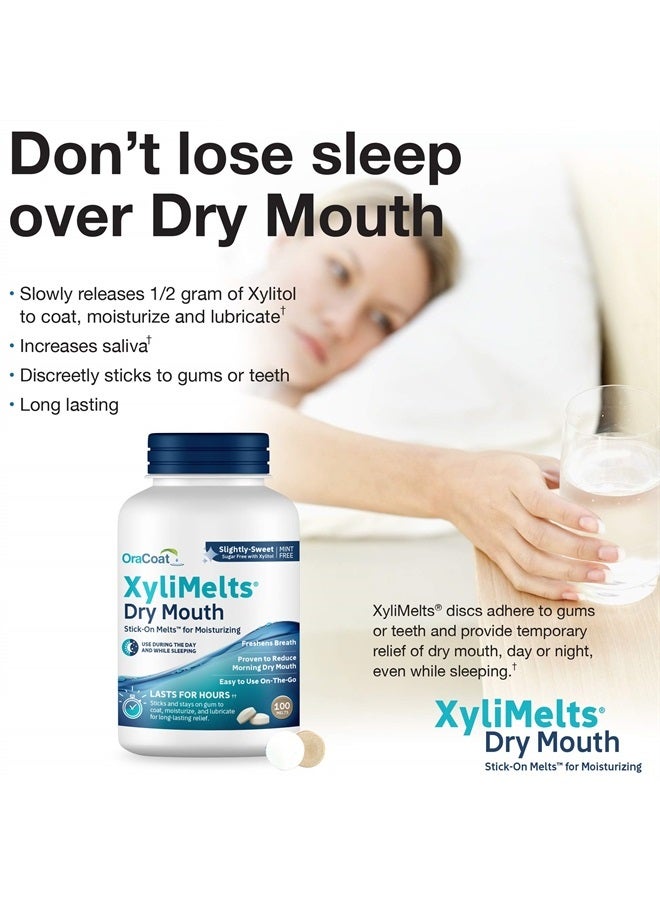 OraCoat XyliMelts Dry Mouth Relief Oral Adhering Discs, Slightly Sweet with Xylitol, for Dry Mouth, Stimulates Saliva, Non-Acidic, Day and Night Use, Time Release for up to 8 Hours, 100 Count