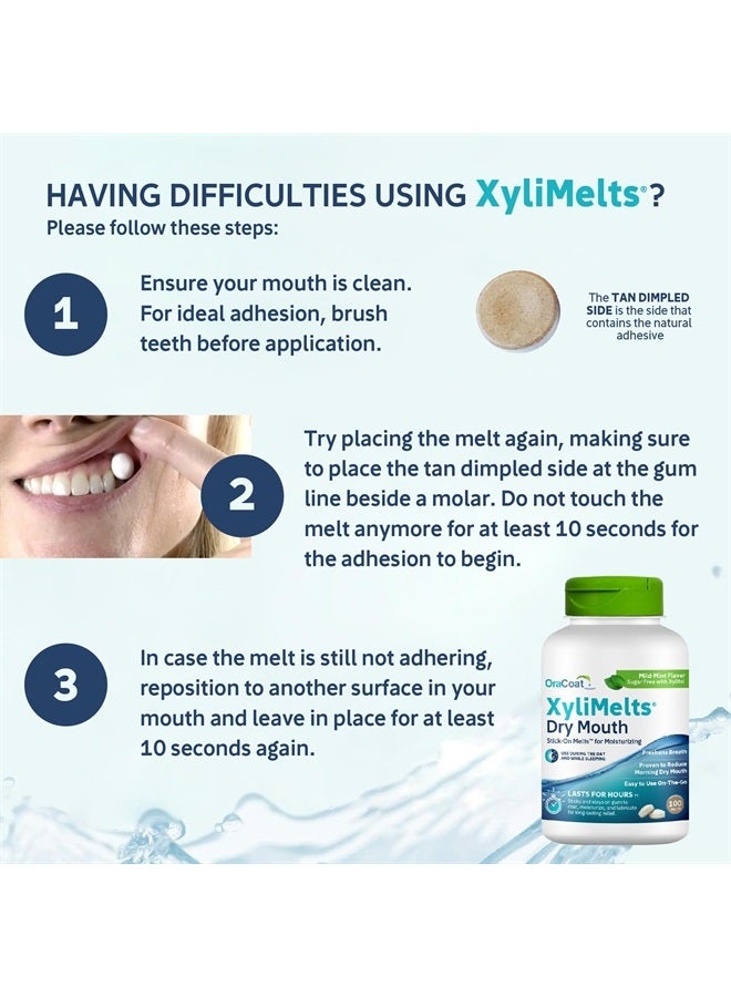 OraCoat XyliMelts Dry Mouth Relief Moisturizing Oral Adhering Discs Mild Mint with Xylitol, for Dry Mouth, Stimulates Saliva, Non-Acidic, Day and Night Use, Time Release for up to 8 Hours, 100 Count