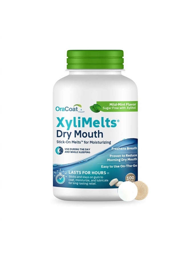 OraCoat XyliMelts Dry Mouth Relief Moisturizing Oral Adhering Discs Mild Mint with Xylitol, for Dry Mouth, Stimulates Saliva, Non-Acidic, Day and Night Use, Time Release for up to 8 Hours, 100 Count