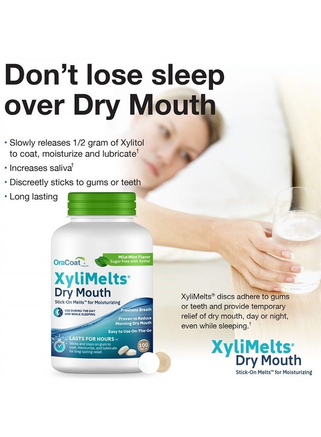 OraCoat XyliMelts Dry Mouth Relief Moisturizing Oral Adhering Discs Mild Mint with Xylitol, for Dry Mouth, Stimulates Saliva, Non-Acidic, Day and Night Use, Time Release for up to 8 Hours, 100 Count