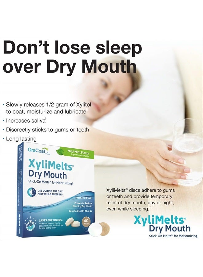 OraCoat XyliMelts Dry Mouth Relief Moisturizing Oral Adhering Discs Mild Mint with Xylitol, for Dry Mouth, Stimulates Saliva, Non-Acidic, Day and Night Use, Time Release for up to 8 Hours, 40 Count