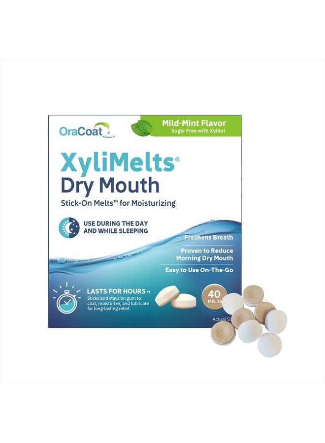 OraCoat XyliMelts Dry Mouth Relief Moisturizing Oral Adhering Discs Mild Mint with Xylitol, for Dry Mouth, Stimulates Saliva, Non-Acidic, Day and Night Use, Time Release for up to 8 Hours, 40 Count