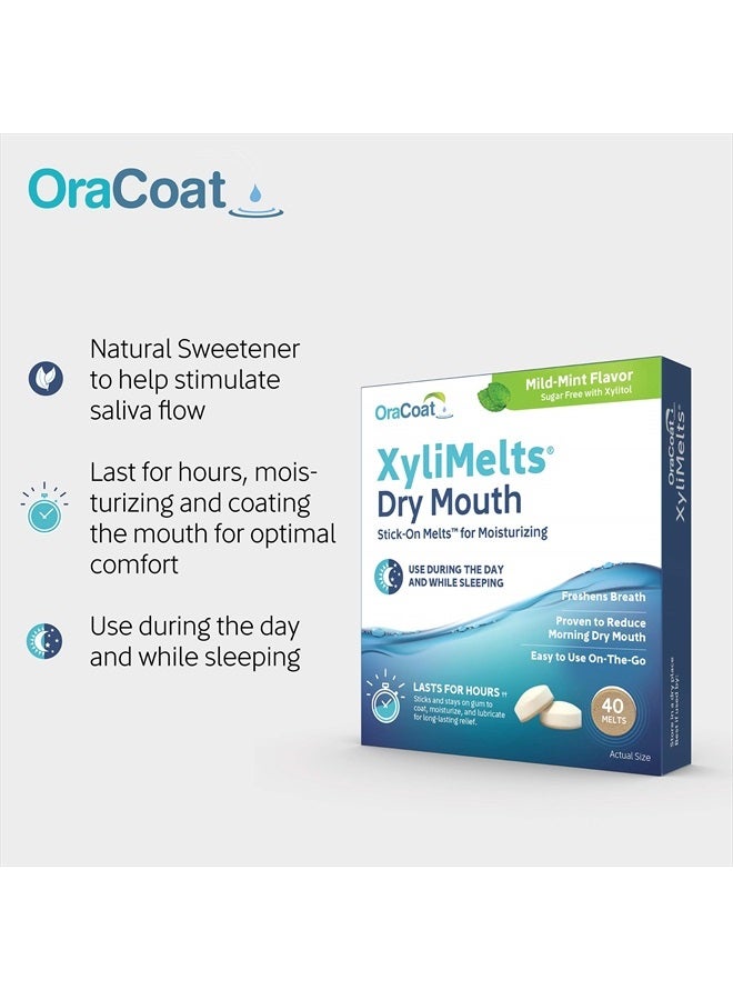 OraCoat XyliMelts Dry Mouth Relief Moisturizing Oral Adhering Discs Mild Mint with Xylitol, for Dry Mouth, Stimulates Saliva, Non-Acidic, Day and Night Use, Time Release for up to 8 Hours, 40 Count