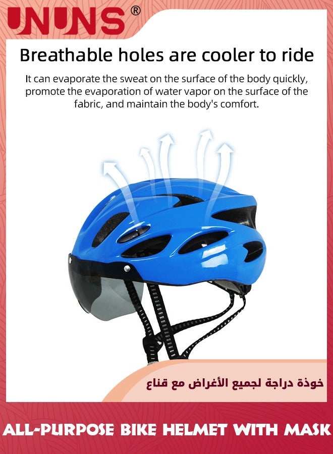 Adults Bike Helmet And Cycling Mask,Detachable Magnetic Goggle Visor Bicycle Helmet,Road Mountain Cycling Helmet For Men Women,All-Purpose Helmets,Adjustable Size 56-60cm,Cycling Accessories,Blue