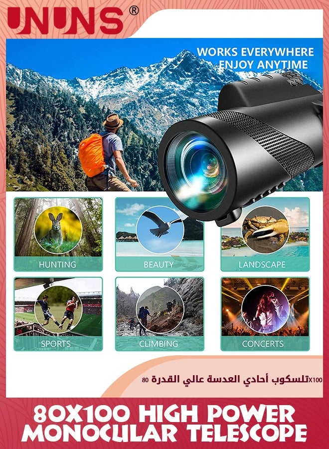 80X100 Monoculars Telescope,High Power Telescope With Smartphone Holder And Retractable Tripod,HD Monoculars For Adults Kids,Compact Monocular With Zoom Focus For Wildlife Bird Watching Hunting