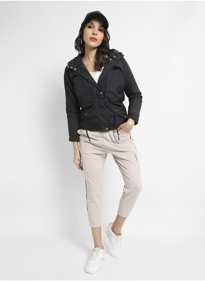 Women's Black Puffer Jacket With Tie-Up Waist