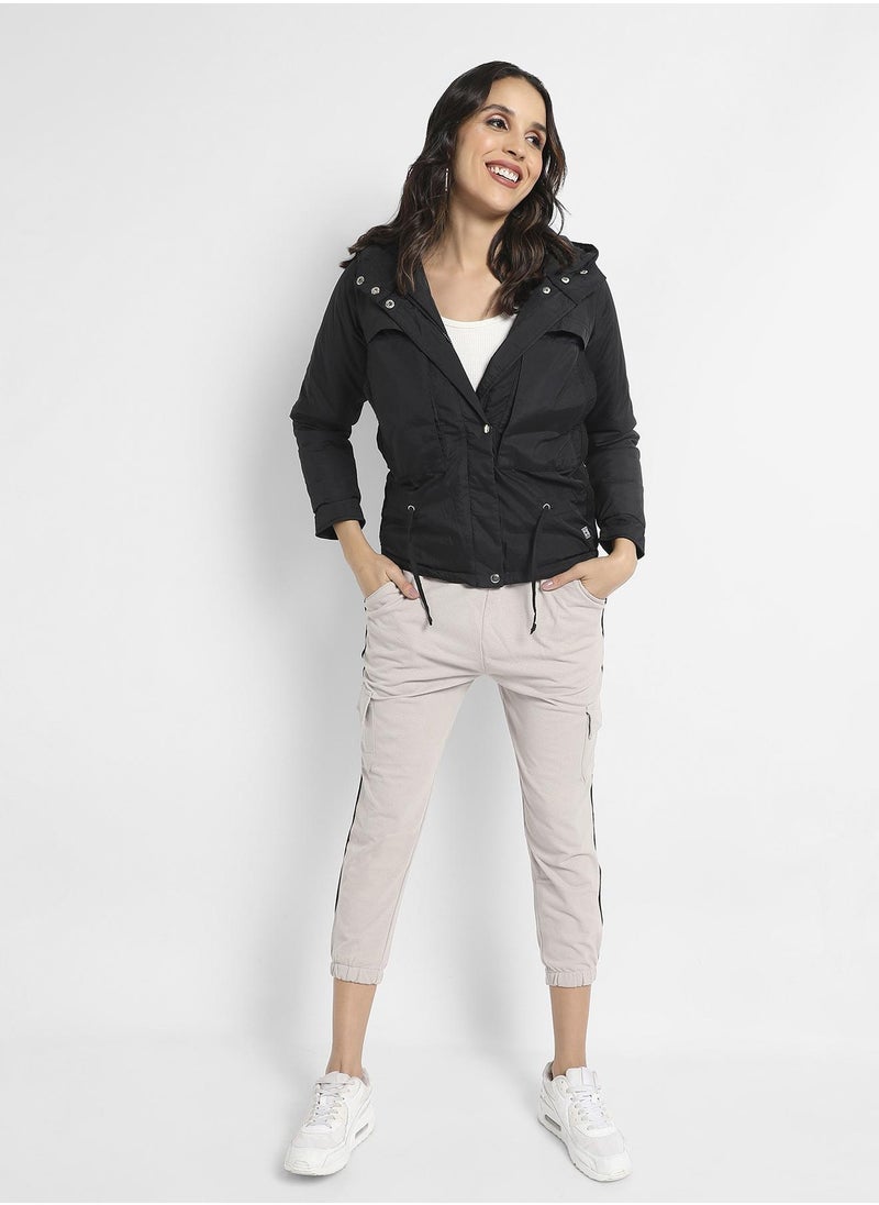 Women's Black Puffer Jacket With Tie-Up Waist