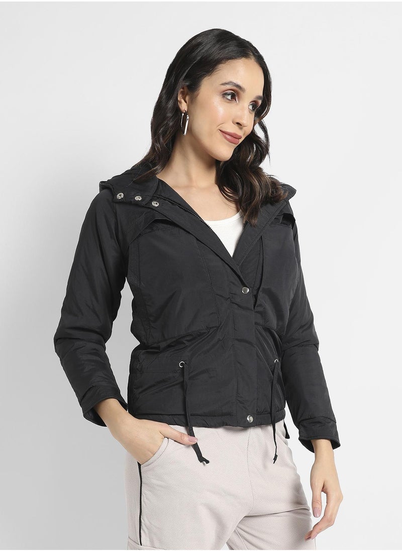 Women's Black Puffer Jacket With Tie-Up Waist