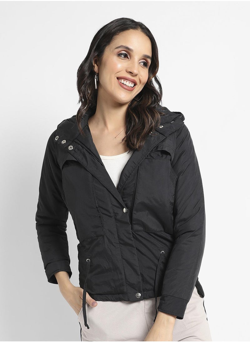 Women's Black Puffer Jacket With Tie-Up Waist