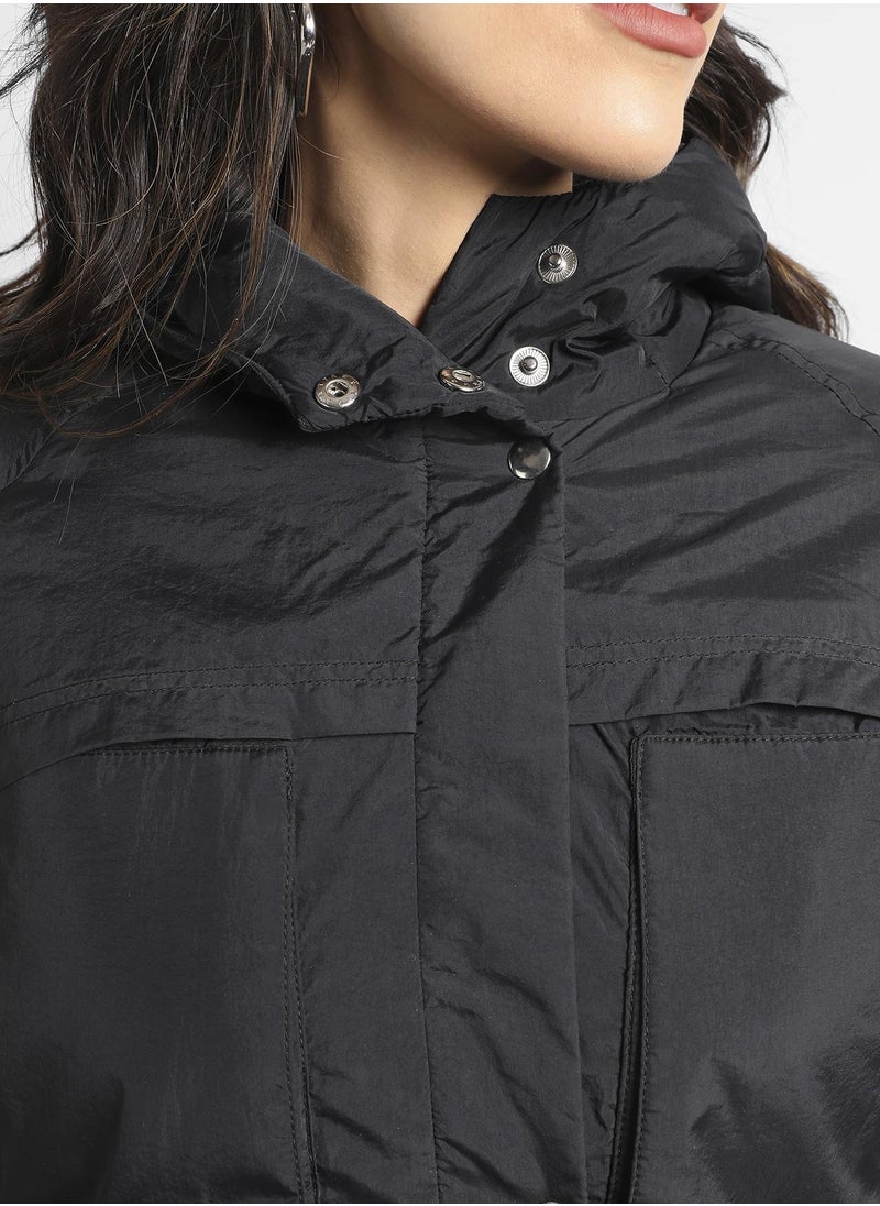 Women's Black Puffer Jacket With Tie-Up Waist