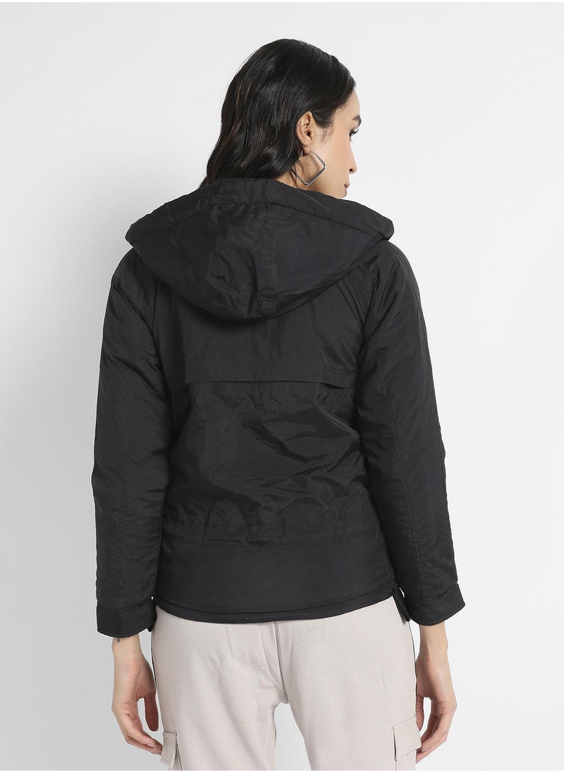 Women's Black Puffer Jacket With Tie-Up Waist