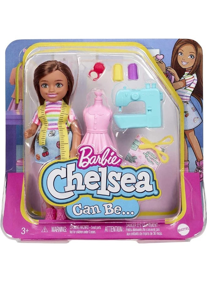 Barbie Chelsea Can Be Doll  Playset Brunette Fashion Designer Small Doll with Removable Outfit  8 Career Accessories