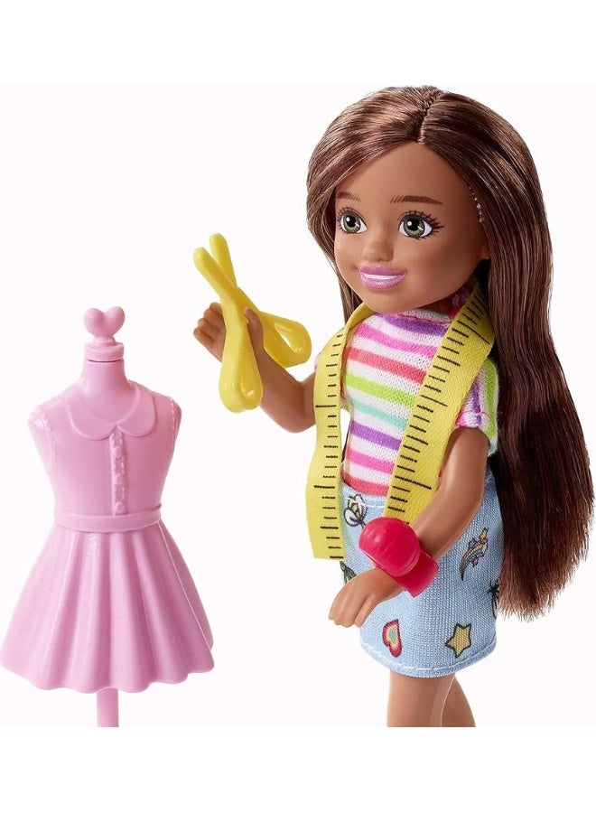 Barbie Chelsea Can Be Doll  Playset Brunette Fashion Designer Small Doll with Removable Outfit  8 Career Accessories