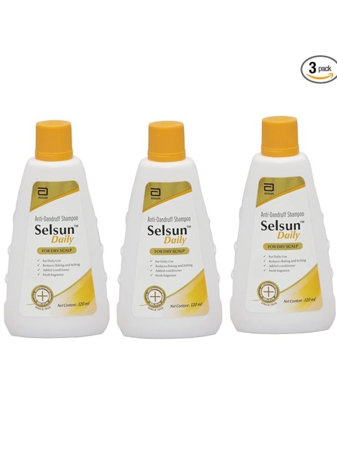 Abbott Selsun Daily Anti Dandruff Shampoo, Clears Away Dandruff Flakes, Relieves From Dandruff Related tching, Conditions Hair (Pack Of 3, 120Ml Each)