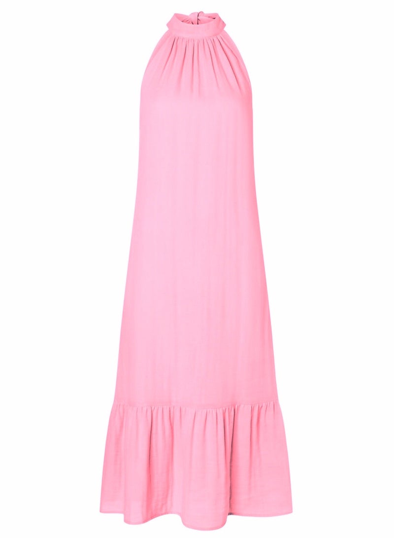 Cotton Pink Halter dress, Sleeveless, Midi Length, Loose Fit