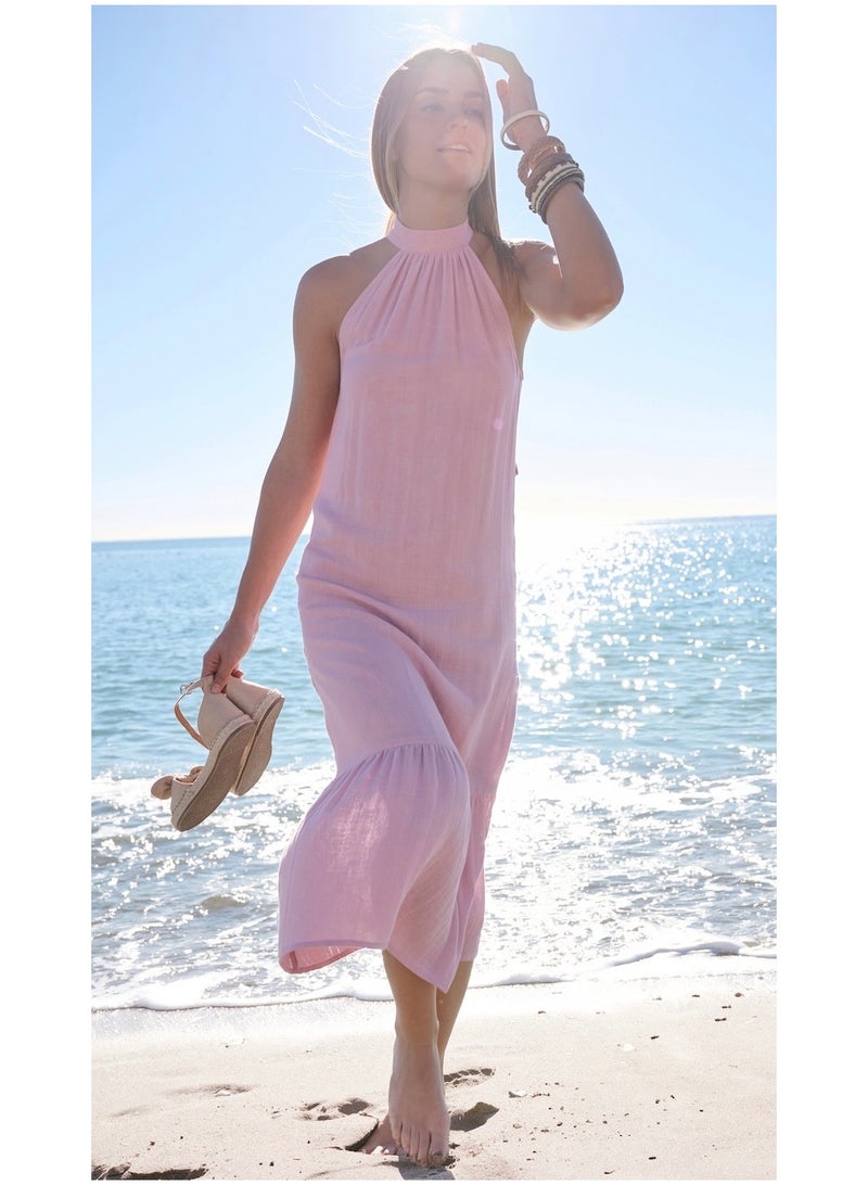 Cotton Pink Halter dress, Sleeveless, Midi Length, Loose Fit