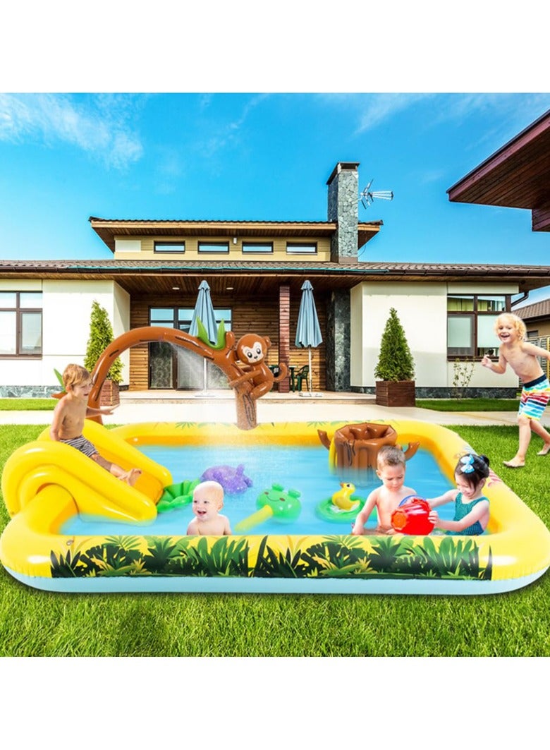 214*167*85cm Kiddie Pool, Thicken Wear-Resistant Swimming Pool with Water Slide, Kiddie Inflatable Play Center with Spray Water, Easy to Set up and Storage, Suitable for Backyard, Garden, Beach and Summer Party