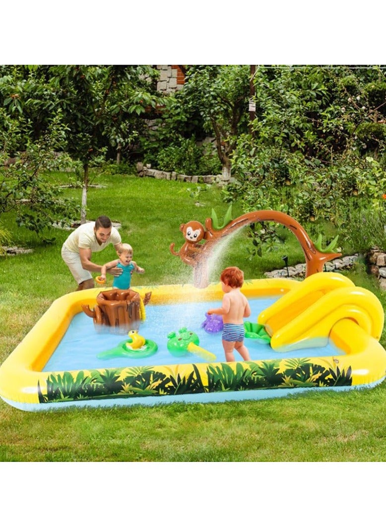214*167*85cm Kiddie Pool, Thicken Wear-Resistant Swimming Pool with Water Slide, Kiddie Inflatable Play Center with Spray Water, Easy to Set up and Storage, Suitable for Backyard, Garden, Beach and Summer Party