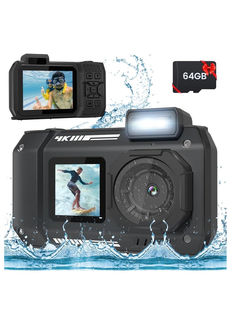 32FT Underwater Camera 4K 48MP Waterproof Camera Rugged Dustproof Shockproof, Autofocus Selfie Dual-Screen Underwater Camera for Snorkeling Diving Sport Floatable Digital Camera with 64GB Card(Black)