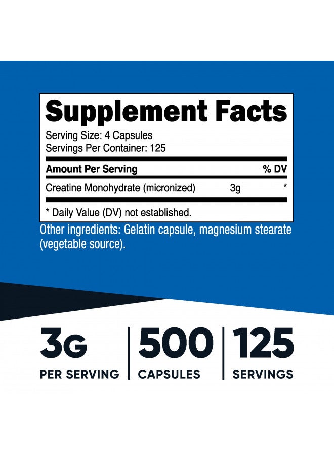 Nutricost Micronized Creatine Monohydrate 3,000mg 500 Capsules, 125 Servings, 750mg of Creatine Monohydrate Per Capsule