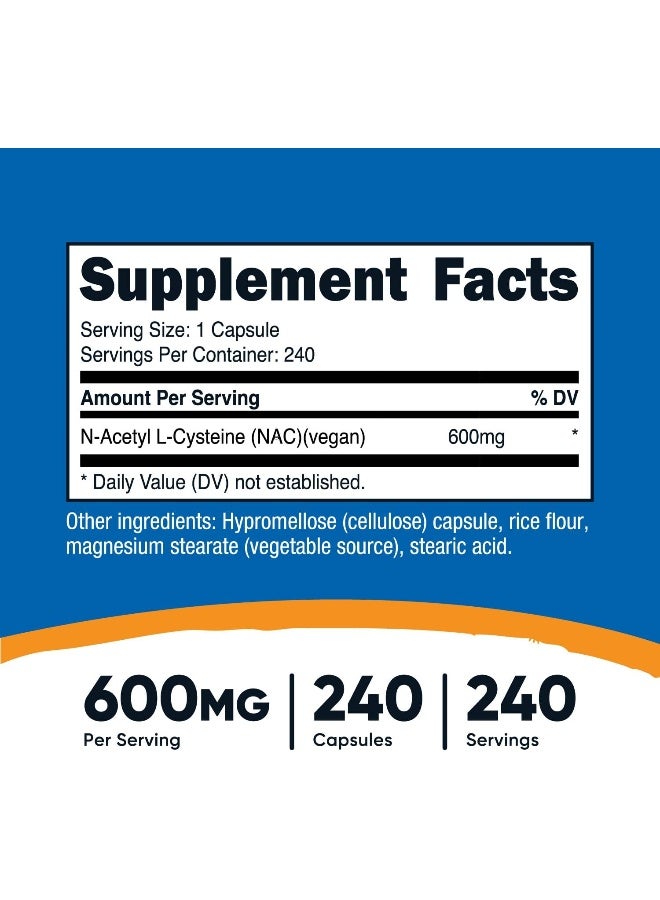 N-Acetyl L-Cysteine 600Mg, 240 Veggie Capsules - Non-Gmo, Gluten Free, Vegetable Caps