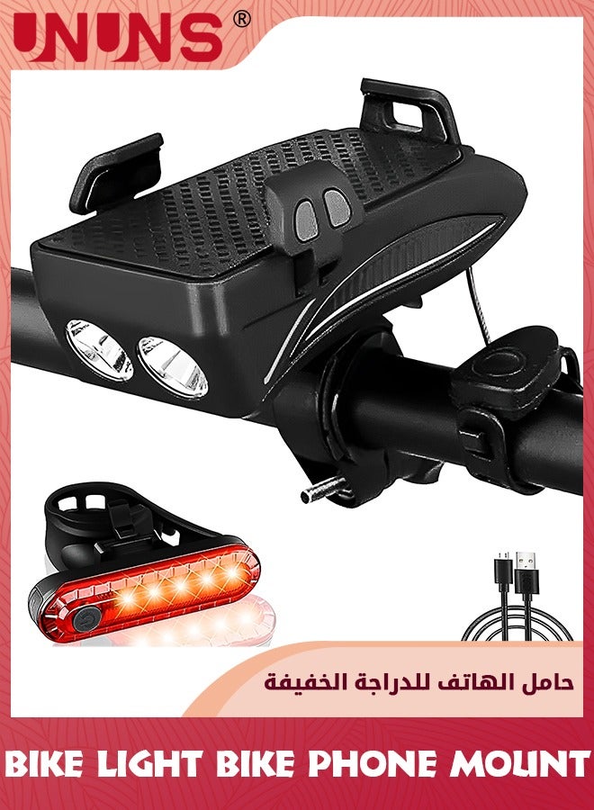Bike Phone Mount And Front Light Set,USB Rechargeable Bike Light And Phone Holder,Adjustable Bicycle Holder Handlebar Bicycle Headlight With Horn Trumpet,Fits Mountain Bike