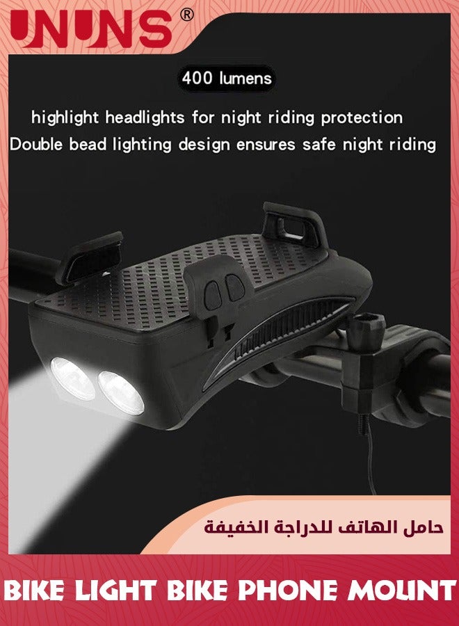 Bike Phone Mount And Front Light Set,USB Rechargeable Bike Light And Phone Holder,Adjustable Bicycle Holder Handlebar Bicycle Headlight With Horn Trumpet,Fits Mountain Bike
