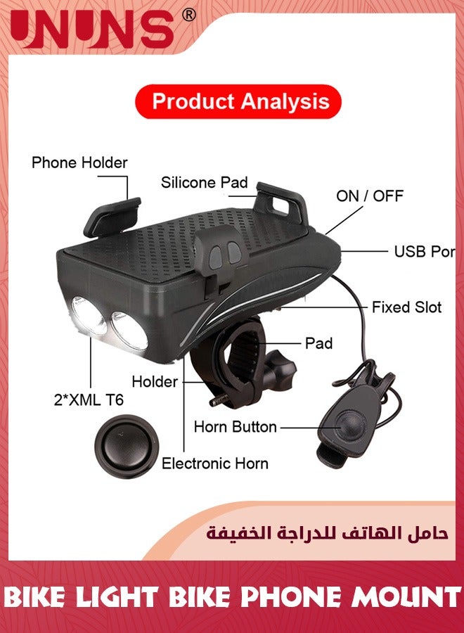 Bike Phone Mount And Front Light Set,USB Rechargeable Bike Light And Phone Holder,Adjustable Bicycle Holder Handlebar Bicycle Headlight With Horn Trumpet,Fits Mountain Bike