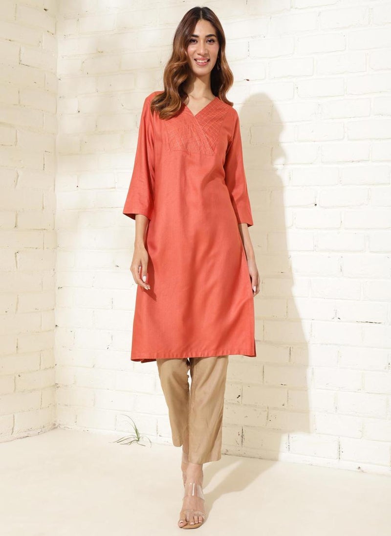 Orange Viscose Silk Embroidered Knee Length Kurta