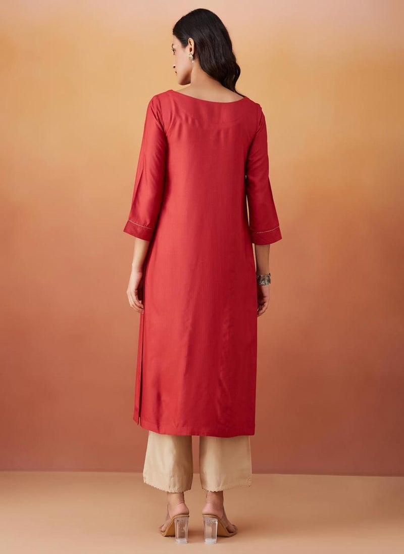 Red Viscose Silk Slim Fit Long Kurta