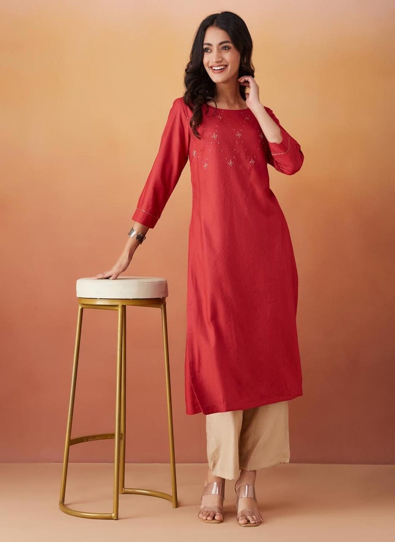 Red Viscose Silk Slim Fit Long Kurta