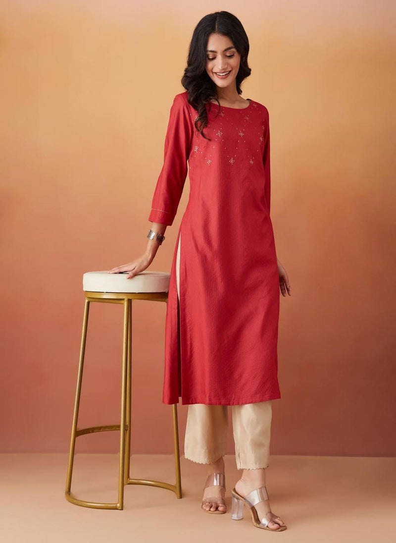 Red Viscose Silk Slim Fit Long Kurta