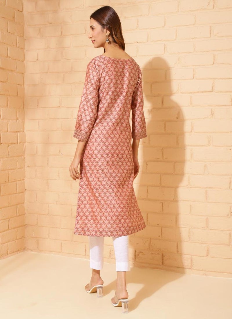 Orange Cotton Silk Hand Block Printed Long Kurta