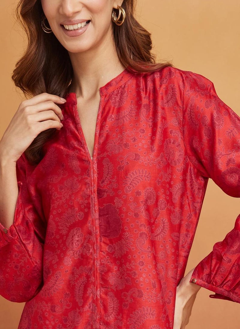 Red Cotton Silk Printed Tunic