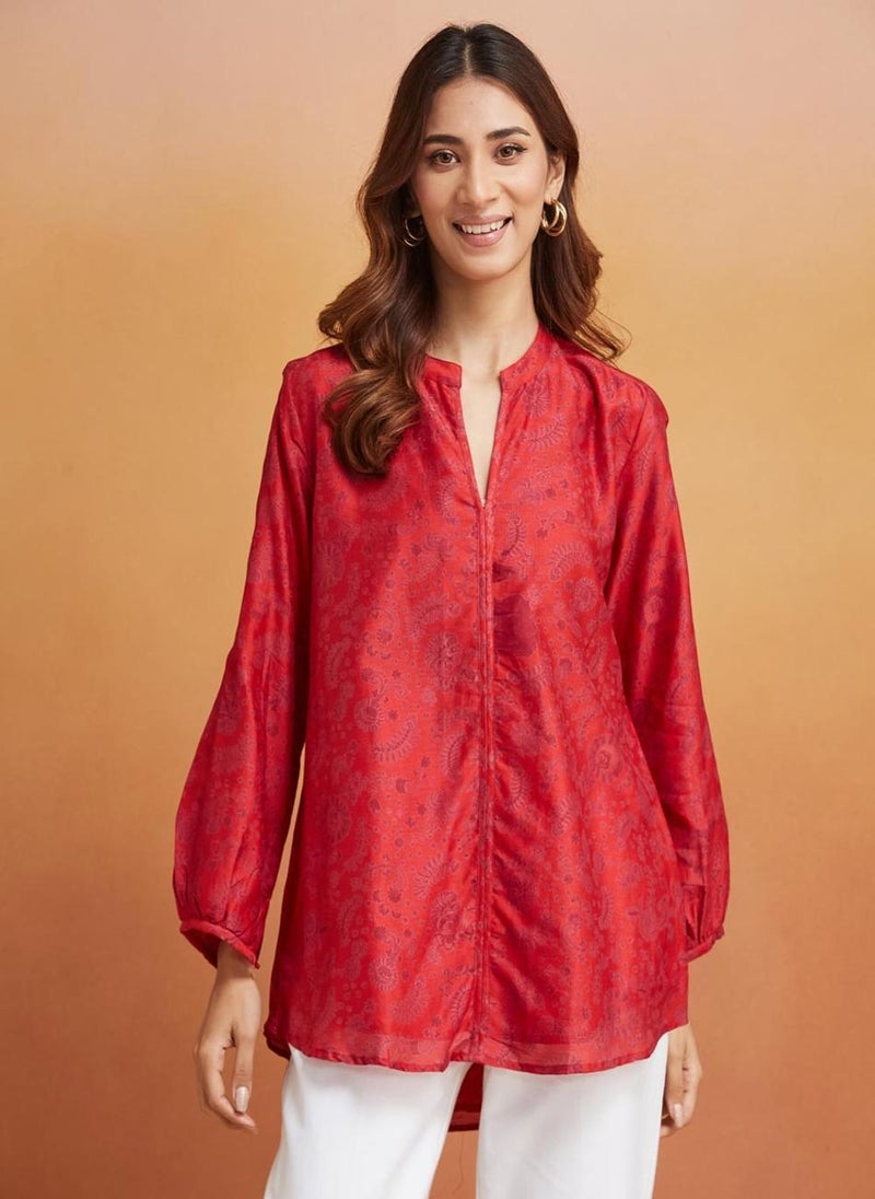 Red Cotton Silk Printed Tunic