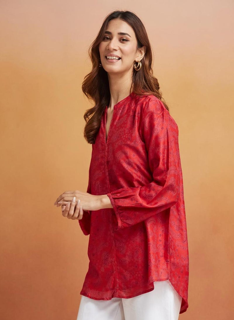 Red Cotton Silk Printed Tunic