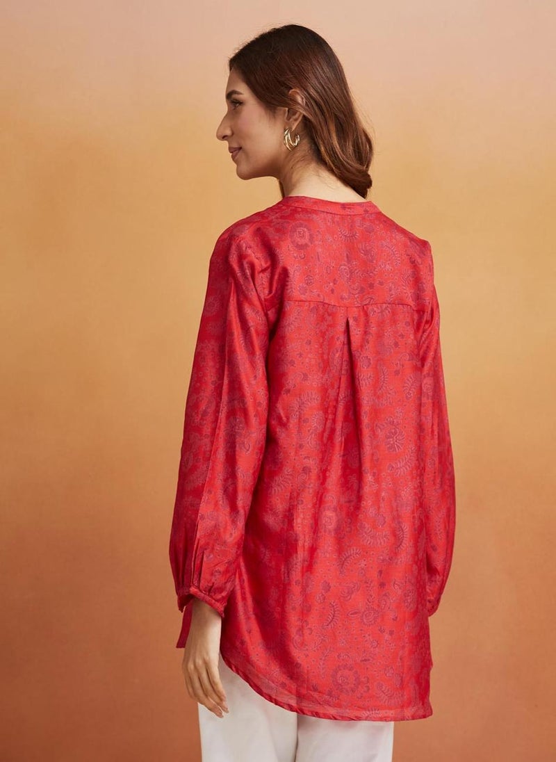 Red Cotton Silk Printed Tunic