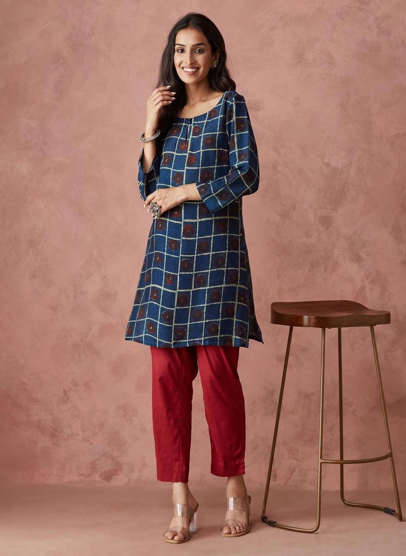 Indigo Viscose Dabu Printed Short Kurta