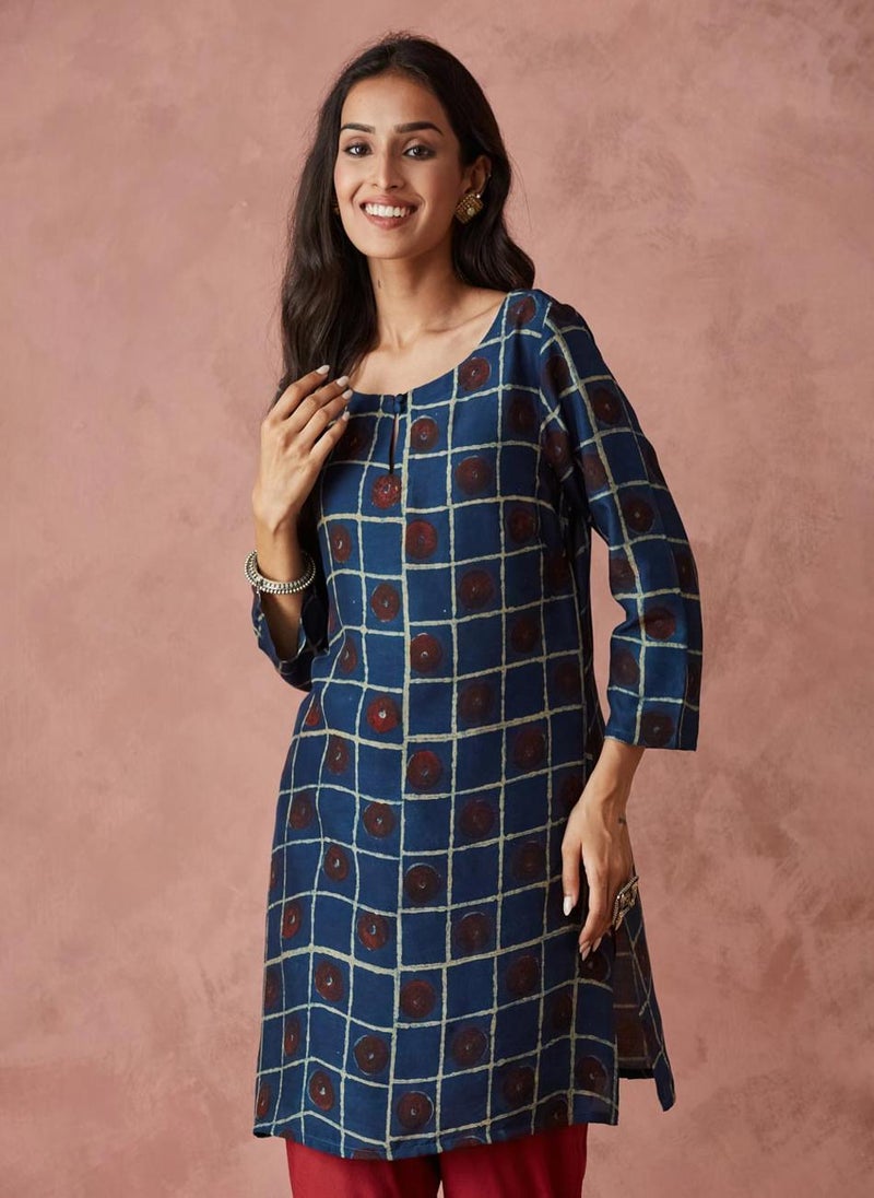 Indigo Viscose Dabu Printed Short Kurta