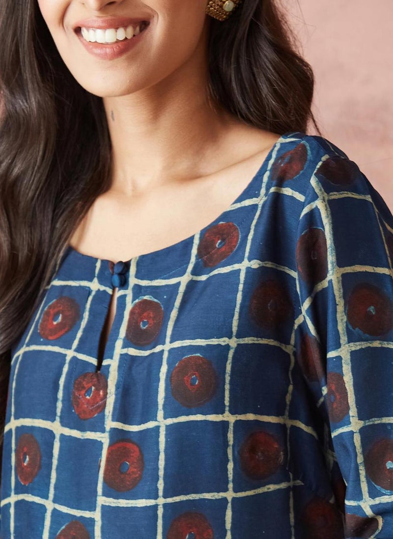 Indigo Viscose Dabu Printed Short Kurta