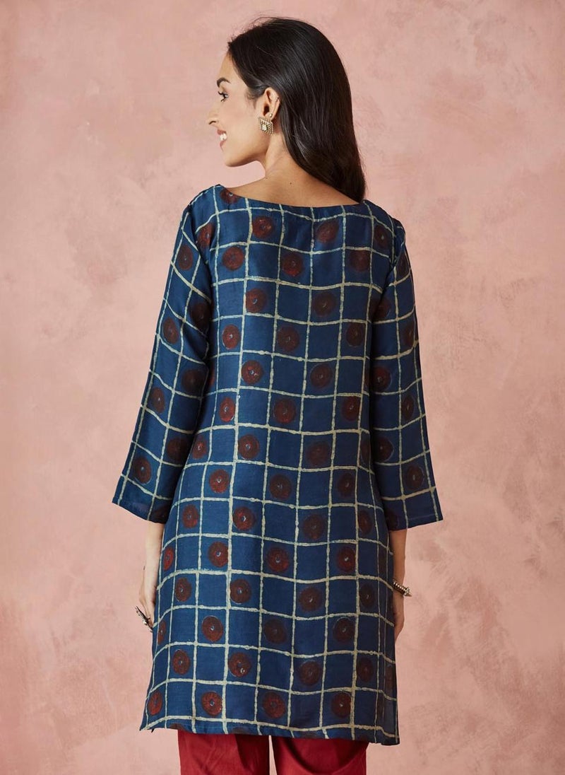 Indigo Viscose Dabu Printed Short Kurta