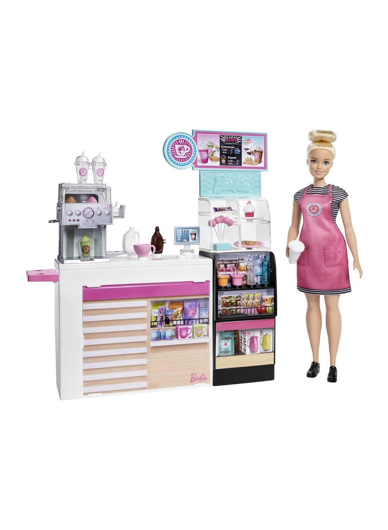 Barbie Coffee Shop with 12-in/30.40-cm Blonde Curvy Doll & 20+ Realistic Play Pieces