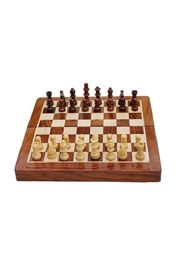 Wooden Handcrafted Foldable Magnetic Chess Board Set with Magnetic Pieces and Extra Queens for 2 Players Kids and Adults (10x10 Inches, Brown)