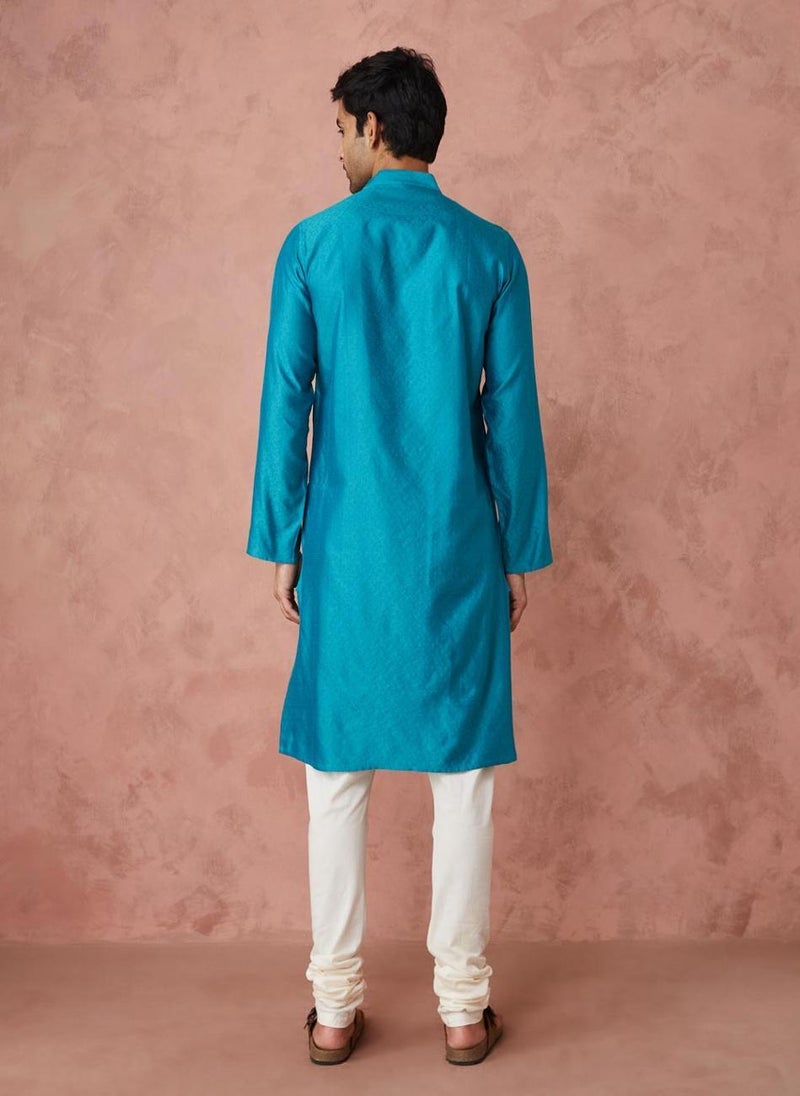 Turquoise Viscose Silk Woven Long Kurta