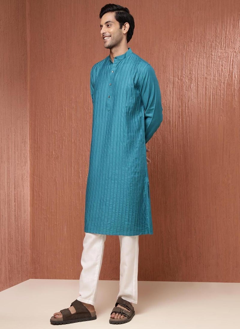 Teal Viscose Silk Pintucks Long Kurta