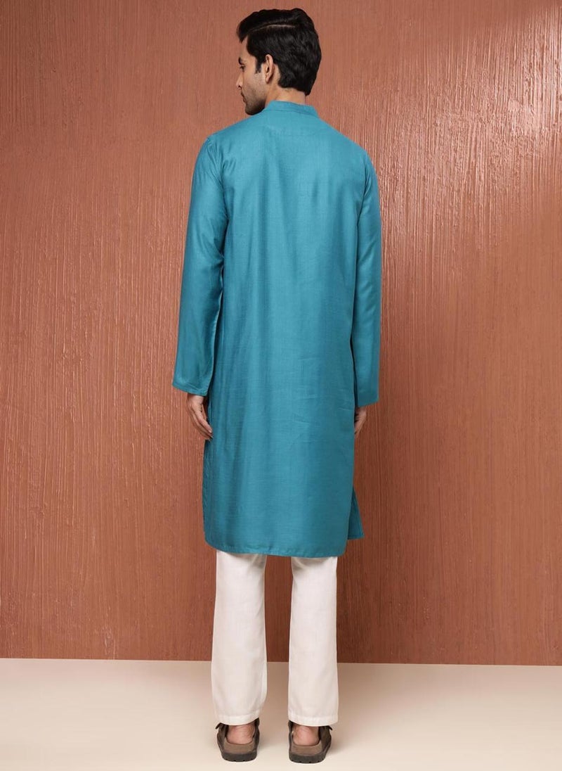 Teal Viscose Silk Pintucks Long Kurta