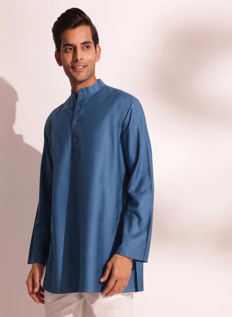 Blue Viscose Silk Regular Fit Short Kurta